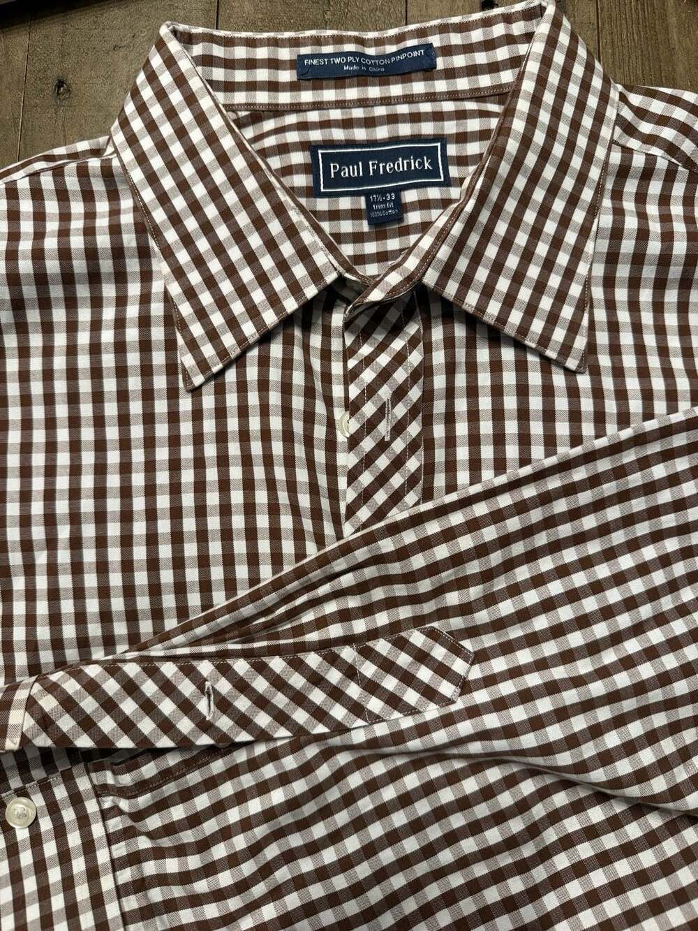 Paul Fredrick Gingham Dress Shirt Size 17.5-33 Brown White Trim Fit